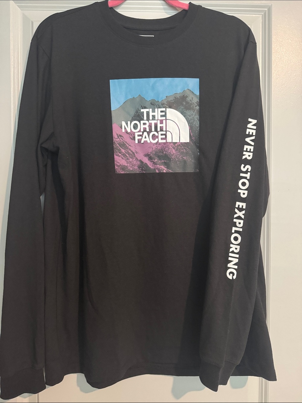 The North Face Black Long Sleeve Tee with Blue & Pink Mountain Graphic